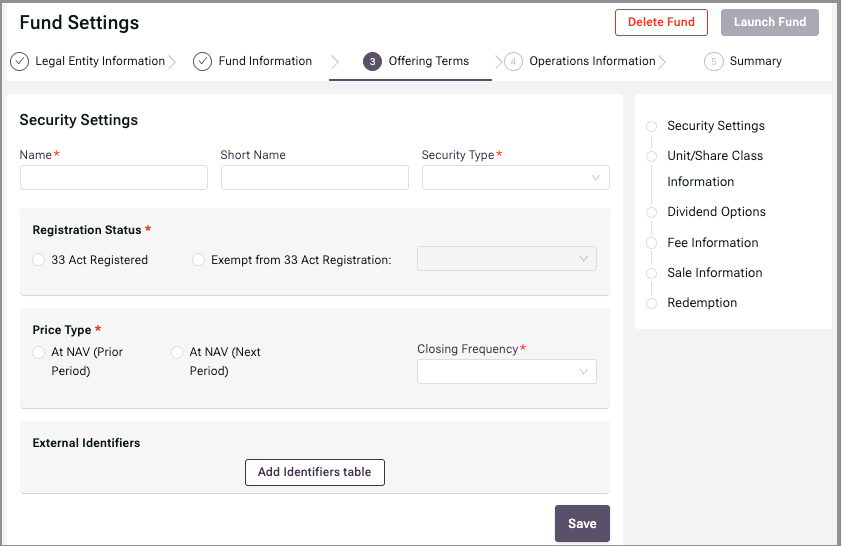 The blank Unit/Share Class Information portion of the Offering Settings form